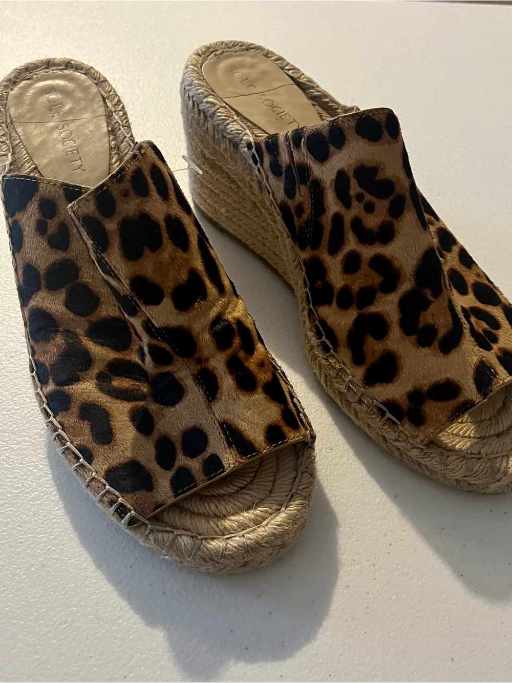 Sole Society Leopard Print Espadrille Wedge Slide Sandals- Tan & Black